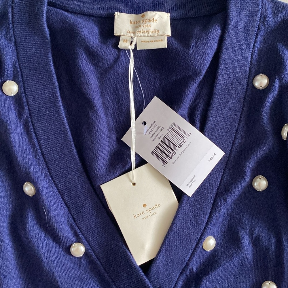 Kate Spade ♠️ Galvin Pearl Cardigan Winter Seaside French Navy Medium NWT - Picture 2 of 5